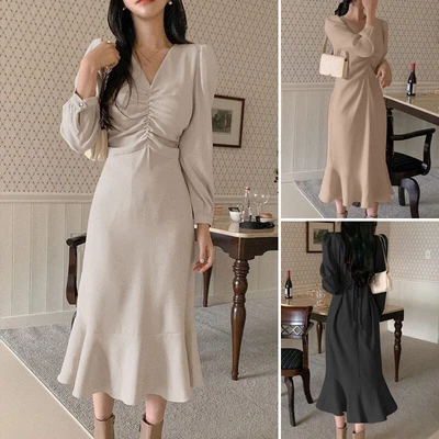 $37.19 • Buy ZANZEA Womens Long Sleeve V Neck Plain Fishtail Hem Party Evening Swing Dress AU