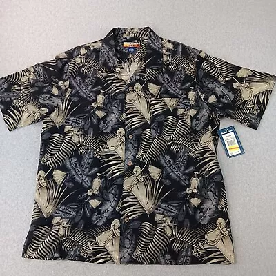 Havana Jack Cafe Shirt Men's Large Black Tan Tropical Print 100% Silk NWT • $37.69