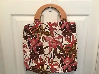 Vintage Craft Knitting Sewing Floral Tropical Fabric Bag Wooden Handles  16X 17” • $19.99