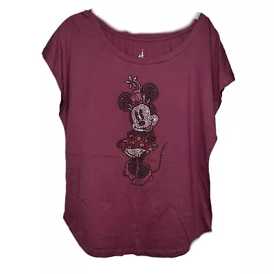 Disney Parks Pink Minnie Mouse Rhinestone Womens Maroon Tee Size Medium NWT • $15