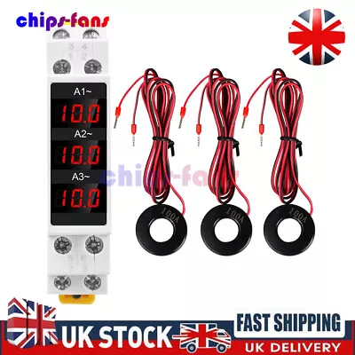 AC80-500V 1-100A DIN-Rail 3 Phase AC Ammeter Digital Display Current Meter UK • £18.99
