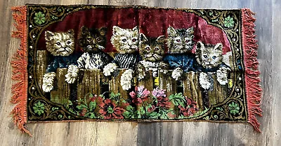 $48 • Buy Vintage CATS KITTENS Cute  Floral Wall Hanging Plush Tapestry Rug Cottage Granny