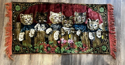 $48 • Buy Vintage CATS KITTENS Cute  Floral Wall Hanging Plush Tapestry Rug Cottage Granny