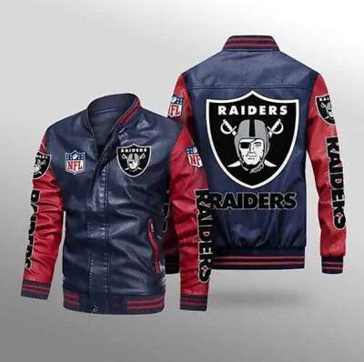 Mens Vintage Leather Jacket Plus Size Raiders Biker Jacket Coat Baseball Jersey • £56.40