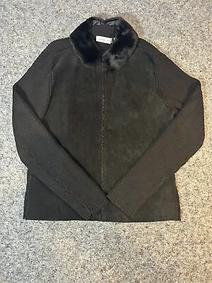 Vintage Victoria Jones Sweater Jacket Women’s L Black Leather Faux Fur Collar • $52.88