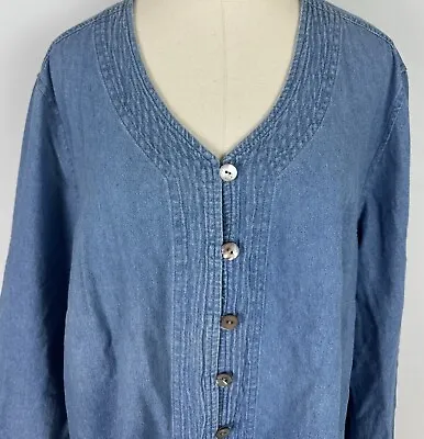 JEANOLOGY Denim Blouse 22W Boxy Fit Tunic V-neck Shell Buttons Grunge Mom FLAWS • $6