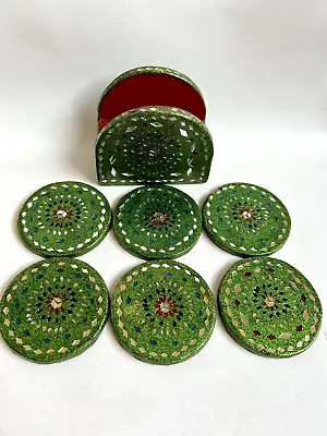 Green Round Coasters Mirror Details Geometrics Pattern With Holder  • £14.87