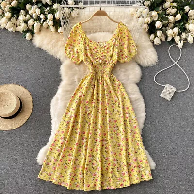 Women Dress Fashion V-neck Puff Sleeve Floral Print Elastic Corset Party Dresses • $32.49