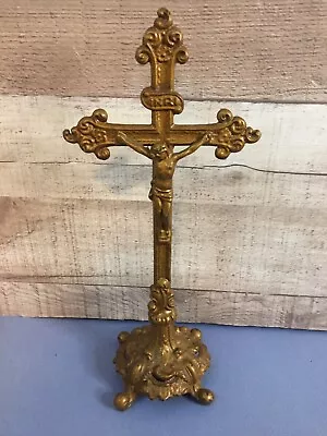 $75 • Buy Vintage Brass Free Standing Altar Crucifix Christ On Cross 11'' Tall INRI