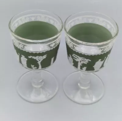 Vintage Jeannette Helenic Green Footed Liqueur Glasses Wedgewood Green Set Of 2 • $9.95