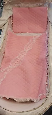 Vintage Baby Pram Basinet Set Cover PINK Nylon Lace Trims Quilt And Pcase Vgvc • $25