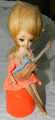 Vintage Big Eye Bradley Style Doll With Guitar Sitting On Music / Jewelry Box • $19.90