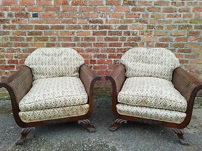 Rare Beautiful Pair Of Antique Victorian Carved Bergere Lounge/Chairs Armchairs • £231.20