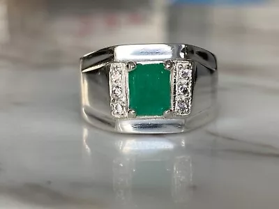 Size 9 Genuine Colombian Men Emerald Ring Silver 925 Real Natural 1 Ct • $350