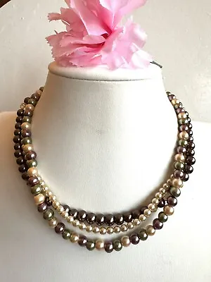 Vintage And Beautiful 3 Strand Multi Color Handmade Pearl Necklace 15.5”inch🔥 • $34.99