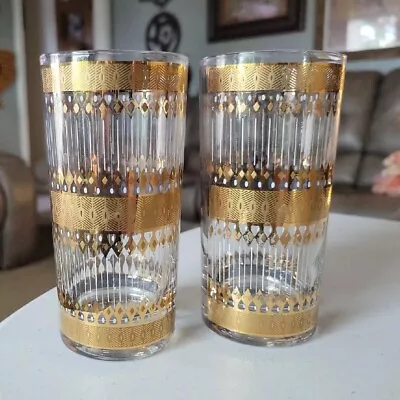 Vintage 2 Culver Highball Glasses BARCELONA 22K Gold Diamond Pattern MCM B • $25
