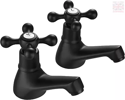 Basin Pillar Taps Pair Black Mixers Victorian Twin Bathroom Sink Tap • £37.94