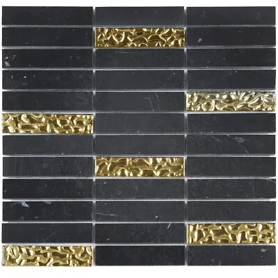 Black Marquina Marble Stone Gold Glass Mosaic Tile Stacked Kitchen Backsplash • $239.50