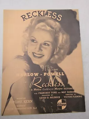  Reckless  Movie Jean Harlow William Powell Vintage Sheet Music 1935 Rare • $32