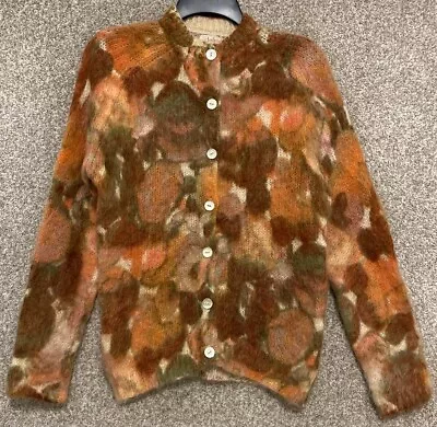 Vintage 60s Darlene Handknit Mohair Soft Fuzzy Floral Cardigan Sweater Sz Small • $49.99