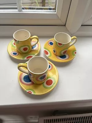 Set Of 3 Whittard Of Chelsea  Multi Coloured Espresso Coffee Cups And Saucers. • £7