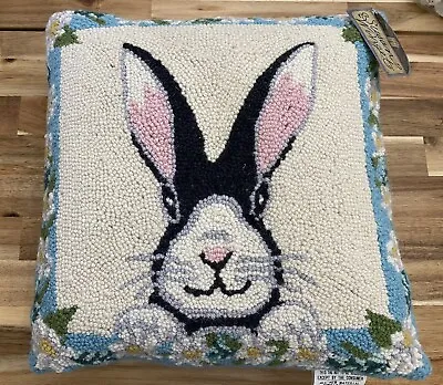 New! Susan Winget 16x16” Bunny Rabbit Floral Pillow Blue Black Peking Handicraft • $34.99