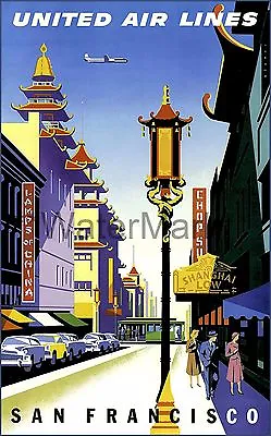 San Francisco 1950 California United Airline Vintage Poster Print Retro Style  • $19.40