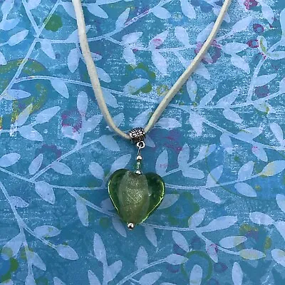 Very Pretty Foil Lined Green Murano Heart Pendants On Cream Suede Cord Necklace • £6.50