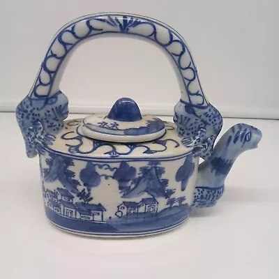 Vintage Oriental Blue And White Ceramic Teapot Tea Pot 6.25''lx6''t • $12.05