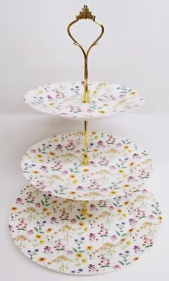 Meadow Flowers Cake Stand Bone China 3 Tier Bright Floral Hand Decorated In UK • £35