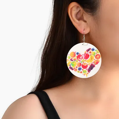Colourful Fruit Heart Pattern Round White Wood Dangle Holiday Earrings Jewellery • $1.99