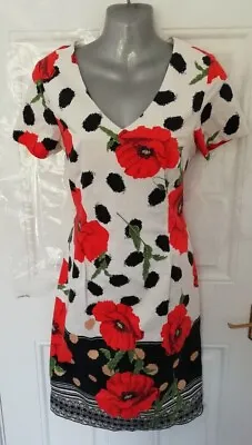 LIBRA Size 12 Ivory Red Black Poppy Floral Stretchy Smart Dress Back Zip Lined • £21.99