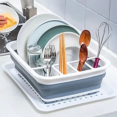 Large Collapsible Dish Drainer Folding Draining Rack Plates Cutlery Board White • £6.98