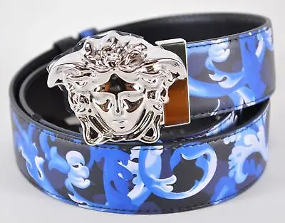 NEW Versace Men's Blue Black Baroque Leather MEDUSA Buckle Belt 36 90 • $395