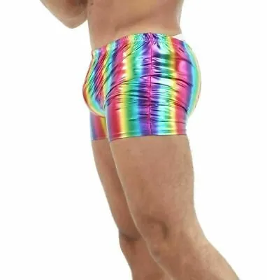 Mens Metallic Shiny Hot Pants Womens Rainbow Wet Look Disco Party Wear Shorts • £6.10