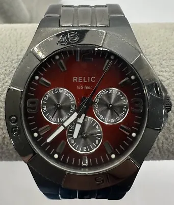 Relic Quartz Watch ZR15486 Men Black Red Rotating Bezel Date New Battery 6.75  Y • $24.99