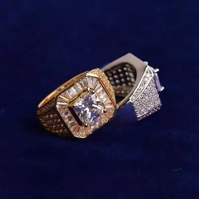 Mens Hip Hop Princess Cut 4 Prong Center Stone Baguette Iced Rings 24k Gold • $34.99