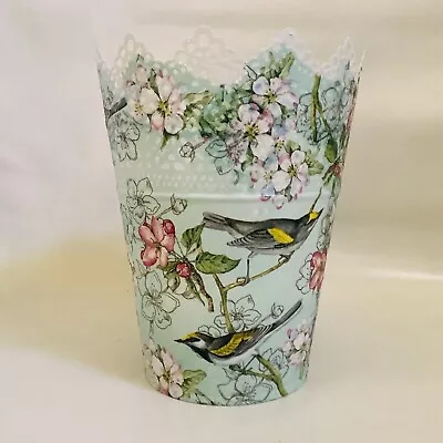 White Galvanised Steel Hand Decorated Planter Pot With Yellow Birds And Blossoms • $30