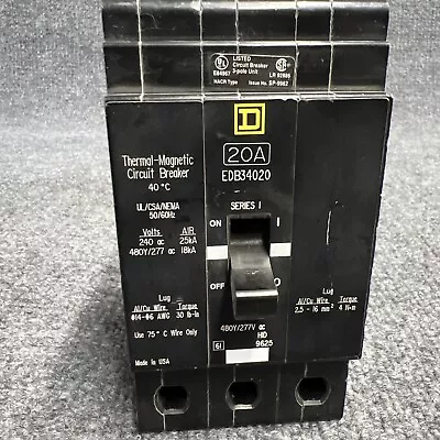 Square D EDB34020 20A 3 Pole Bolt On 480/277 Vac Circuit Breaker Used • $159.99