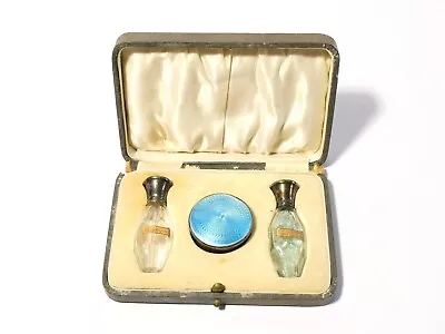 £400 • Buy 1925 Guilloche Enamel Silver Cut Glass Miniature Perfume 2 Bottles & Compact Set