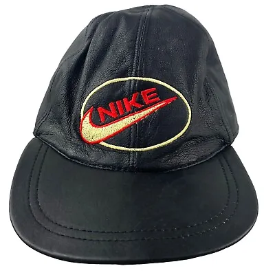 Nike Vintage Cap Snapback Black Leather Vintage 80s Baseball Cap Sports Hat Y2k • £22.50