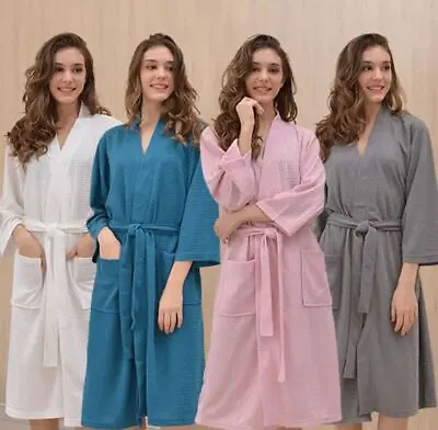 Womens Ladies Dressing Gown Soft Hotel Waffle 100% Cotton Spa Pockets Bath Robe • £15.99