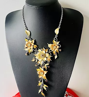 Bronze Silver Tone Floral Drop Statement Necklace Flowers  Artsy DG • £12.99