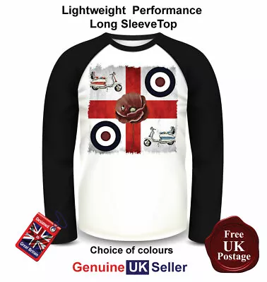 Lambretta Scooter T Shirt Mod George Cross Long Sleeve T Shirt Baseball Top • £17.95