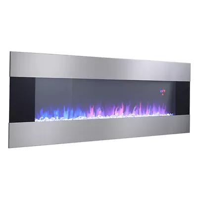 STAINLESS STEEL 50 INCH LED FLAMES TOUGHENED GLASS WALL Mounted ELECTRIC FIRE • £199.95