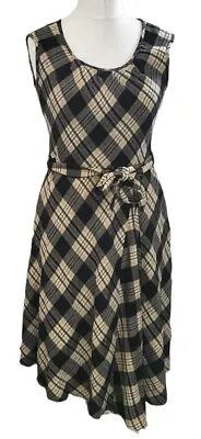 Vtg MONSOON DRESS 10 Uk Black & Beige Checked Tie Belt 90s 01 Y2K • £13