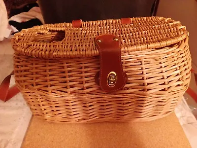 Vintage Wicker Fishing Basket With Leather Straps And Latch • $18