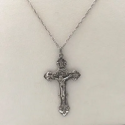 Sterling Silver Crucifix Cross Fleur De Lis Charm Pendant Necklace Vintage 24in • $56.05