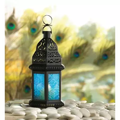 Small 10  Ocean BLUE Glass Moroccan Shabby Candle Holder Lantern Lamp Light • $30