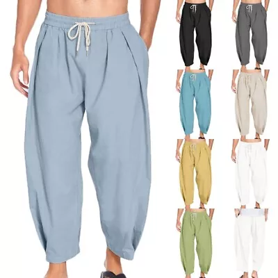 Mens Linen Elastic Waist Harem Trousers Casual Baggy Solid Wide Leg Pants Bottom • $20.61